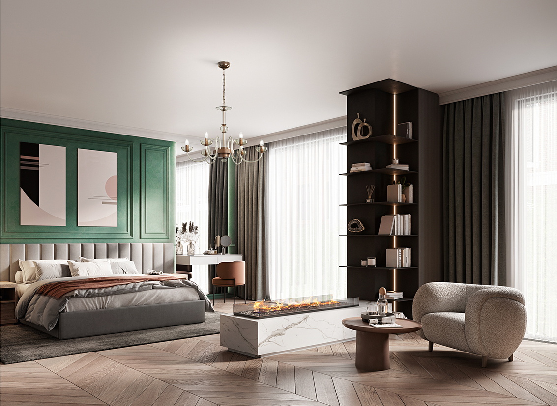 Large bedroom panoramic view with wooden floor and green walls